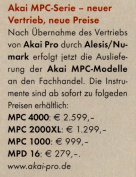 Akai MPC-Serie - neuer Vertrieb - neue Preise