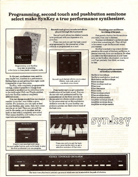 Programming, second touch and pushbutton semitone select make SynKey a true performance synthesizer.