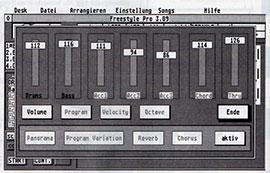 Der graphische MIDI-Mixer von Freestyle 3.1, bei dem die einzelnen Spuren wie bei einem Mischpult bedient werden.