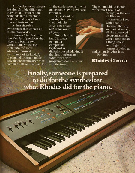Finally, someone is prepared to do for the synthesizer what Rhodes did for the piano. Finally, someone is prepared to do for the synthesizer what Rhodes did for the piano.