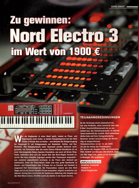 Zu gewinnen: Nord Elektro 3 im Wert von 1900 € Zu gewinnen: Nord Elektro 3 im Wert von 1900 €
