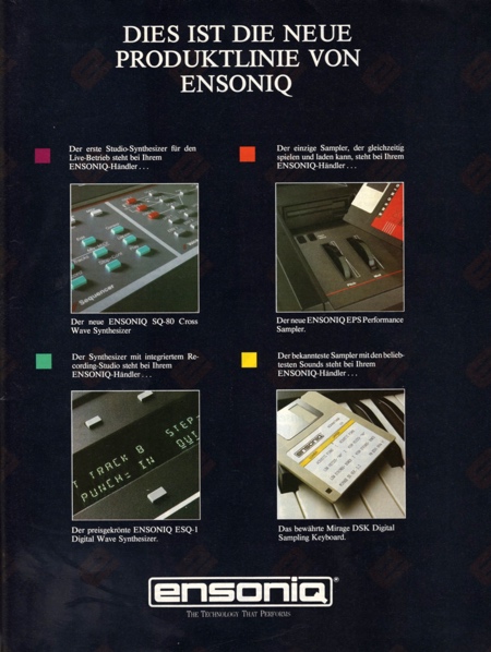 Dies ist die neue Produktlinie von Ensoniq: SQ-80, EPS Performance, ESQ-1, Mirage DSK Digital Dies ist die neue Produktlinie von Ensoniq: SQ-80, EPS Performance, ESQ-1, Mirage DSK Digital