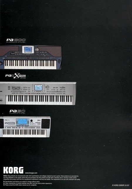 Rückseite aus Korg-Katalog ”Pa Professional Arranger Series” 01/2007