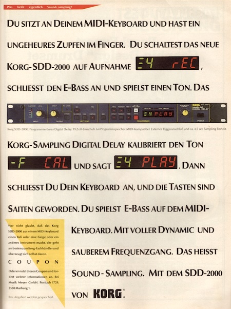 Du sitzt an deinen MIDI-Keyboard und hast ein ungeheures Zupfen im Finger. Du schaltest das neue KORG-SDD-2000 auf Aufnahme ...