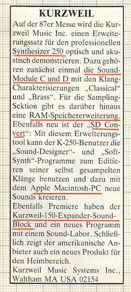 Kurzweil Messeneuheiten '87
