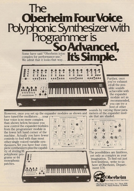 The Oberheim FourVoice Polyphonic Synthesizer with Programmer is So Advanced, It’s Simple.
