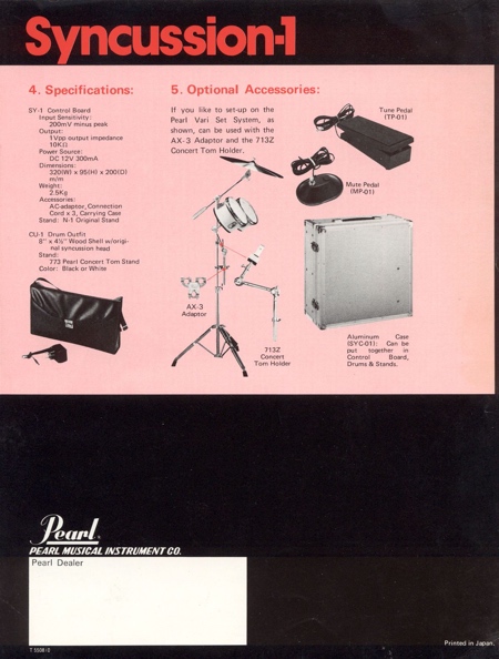 Syncussion-1: Specifications/Accessories