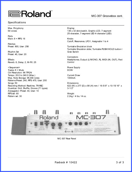MC-307 Specifications - Rear Panel