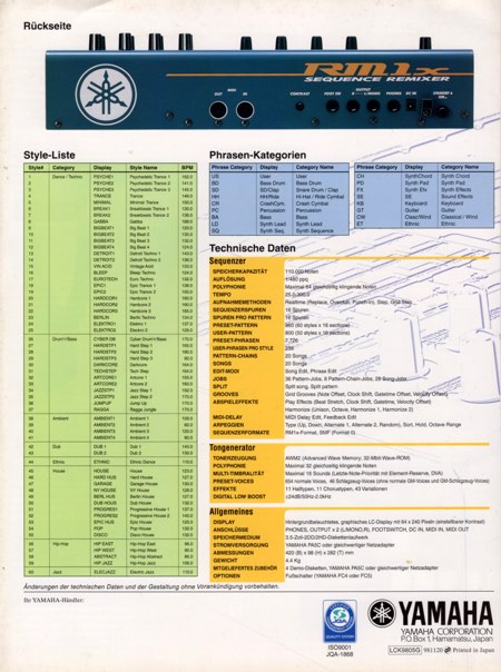 Rückseite - Style-Liste - Phrasen-Kategorien - Technische Daten